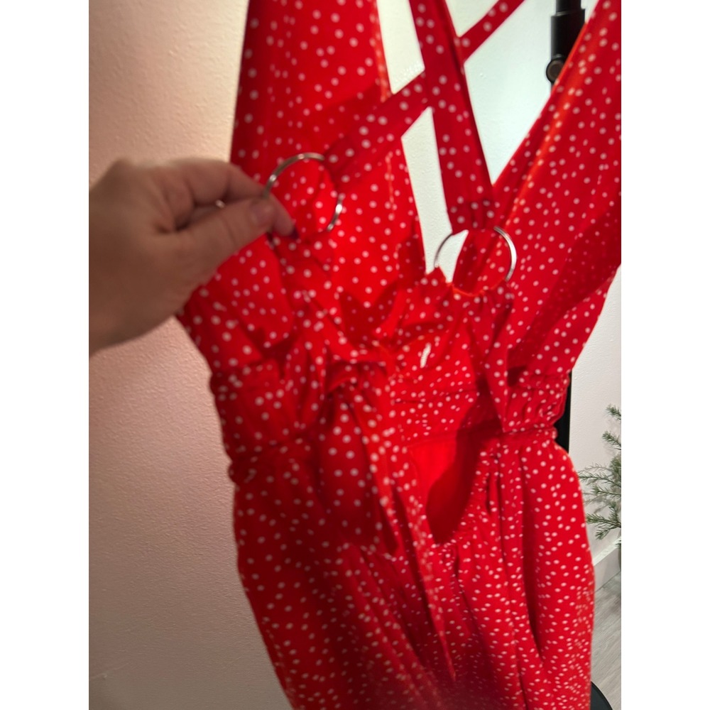 Needlework boutique Red Polka Dot Mini tie ring O back detail retro polkadot EUC